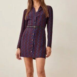 Reformation	Retro Print Hugh Shirt Dress in Maroon and Blue Graphic Print-Sz 6